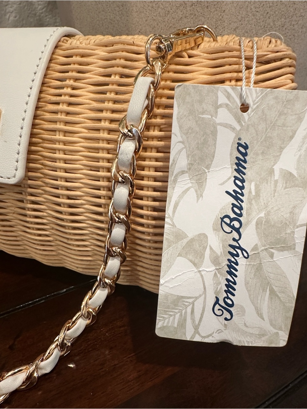 Tommy Bahama Cream Trim Natural Wicker Crossbody with Gold Chain - Picture 2 of 10